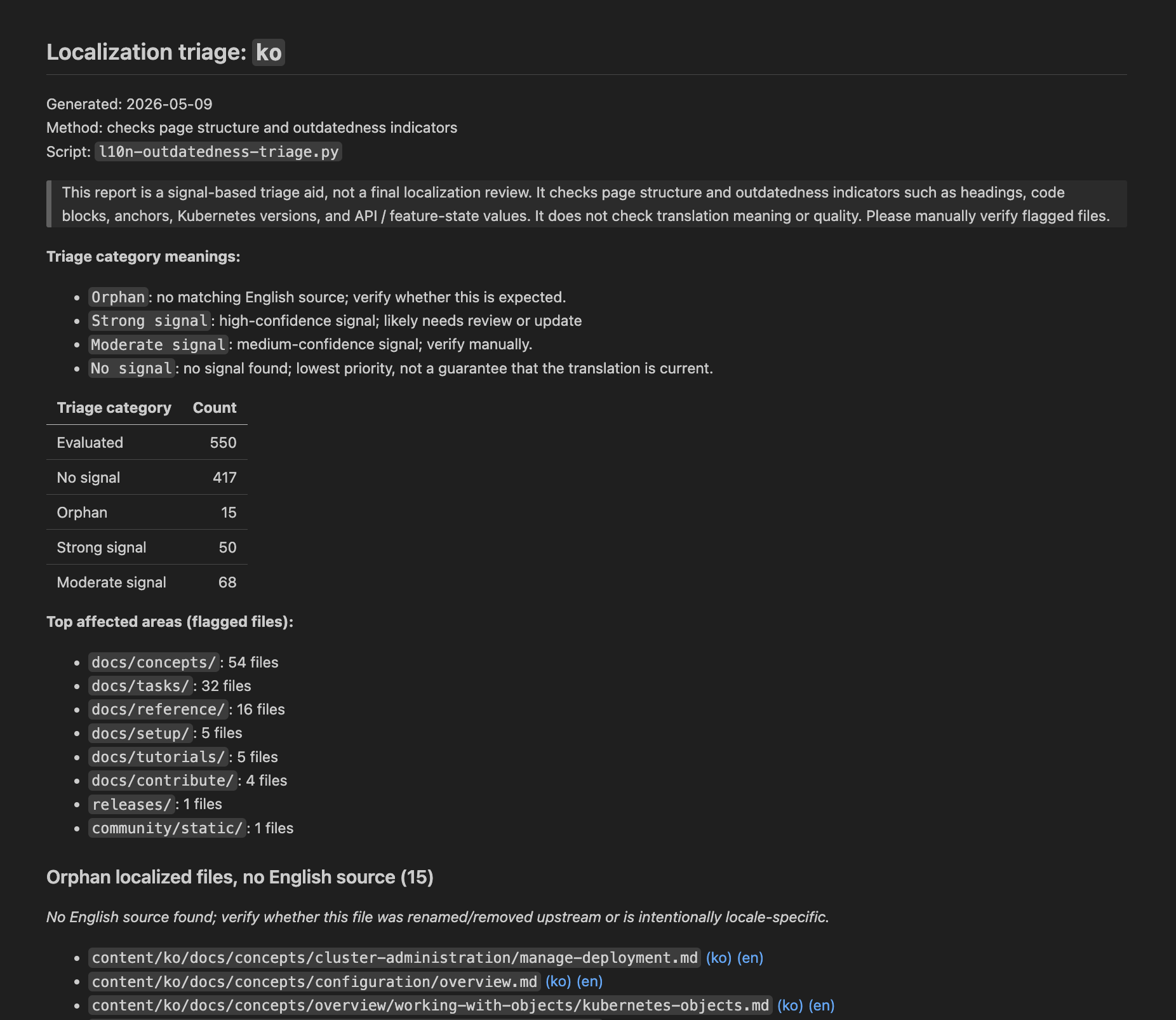 Example triage report grouping localized pages by signal category