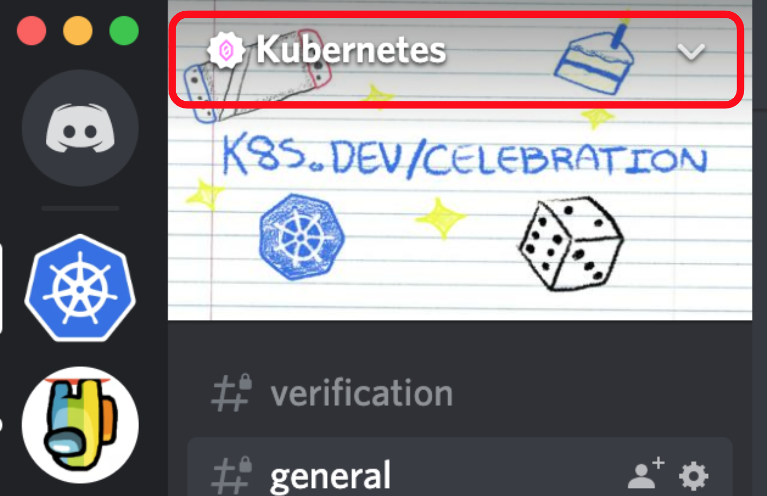 Discord server list showing Kubernetes server